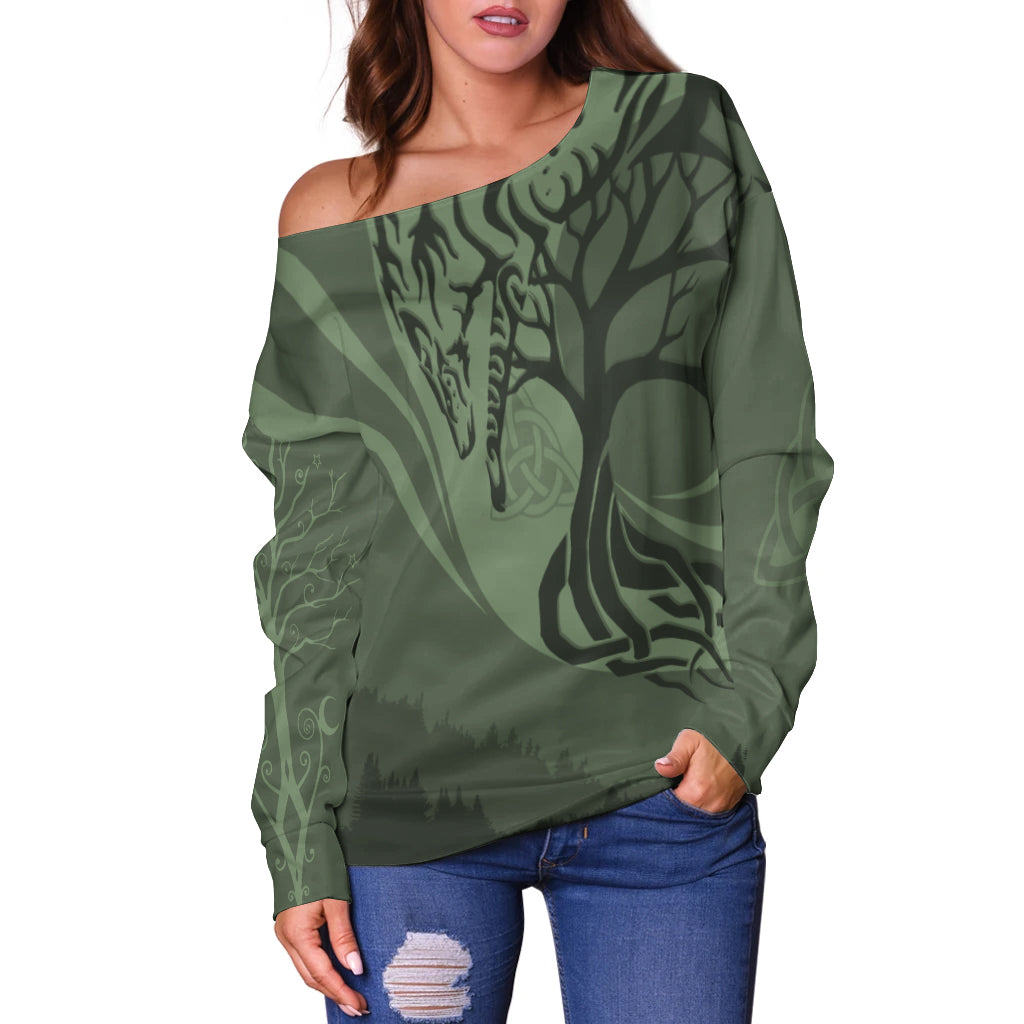 Celtic Tree of Life with Wolf Spirit Off Shoulder Sweater Crescent Crann Bethadh - Wonder Print Shop