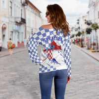 Croatia Off Shoulder Sweater Checkerboard Grunge Style - Blue Color - Wonder Print Shop