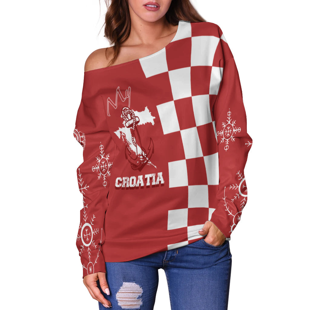 Croatia Checkerboard Off Shoulder Sweater Croatia Flag with Eagle - Wonder Print Shop
