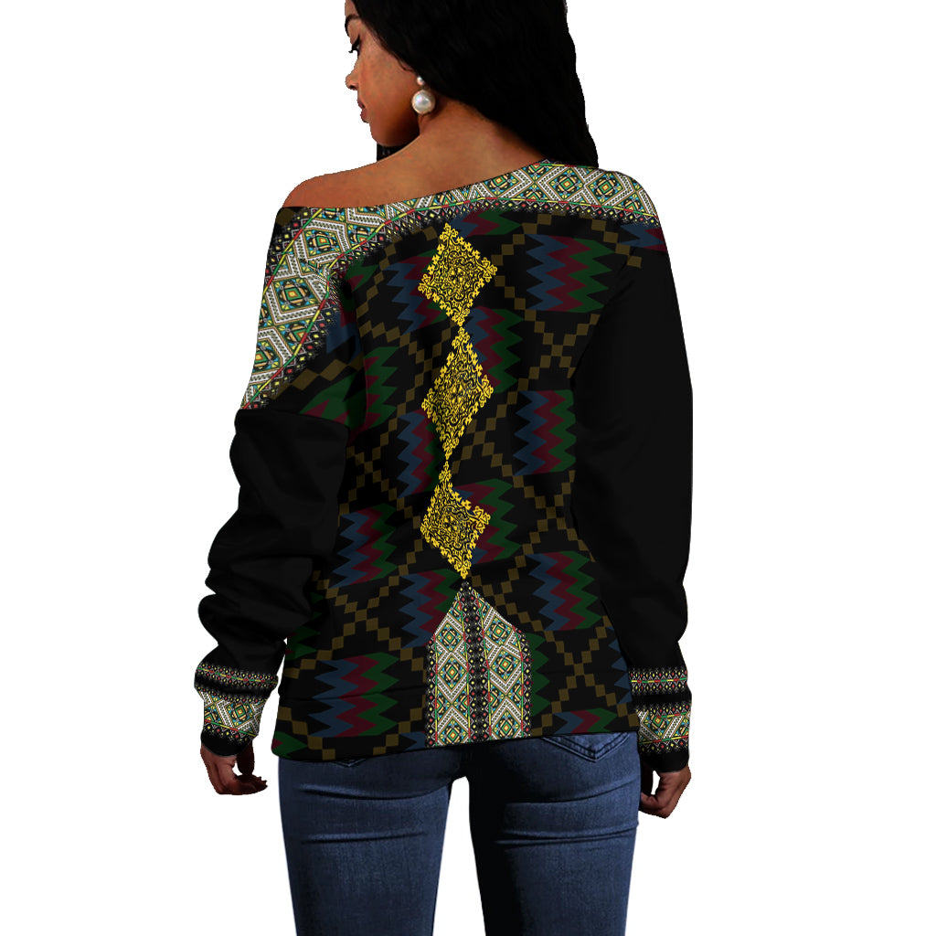 Eritrea Tilet Pattern Off Shoulder Sweater Eritrean Cross - Black - Wonder Print Shop