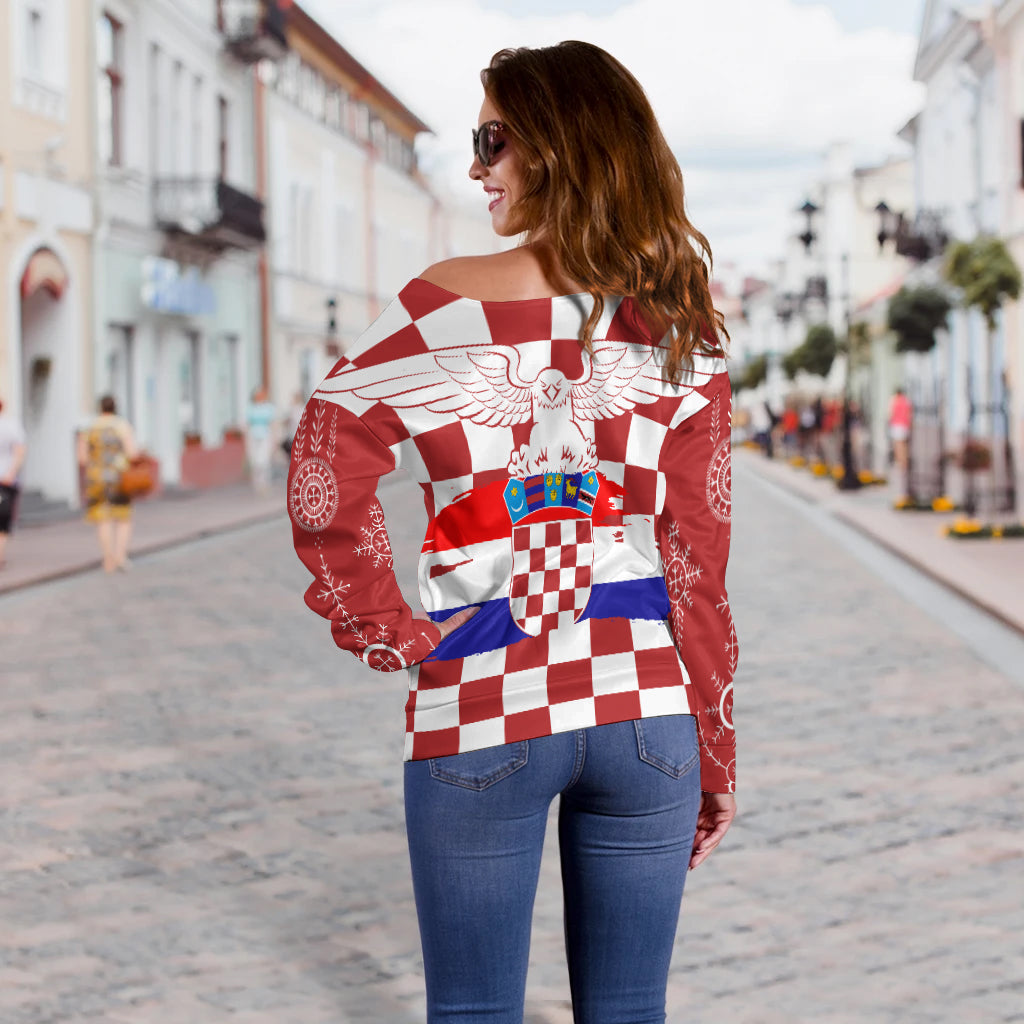 Croatia Checkerboard Off Shoulder Sweater Croatia Flag with Eagle - Wonder Print Shop