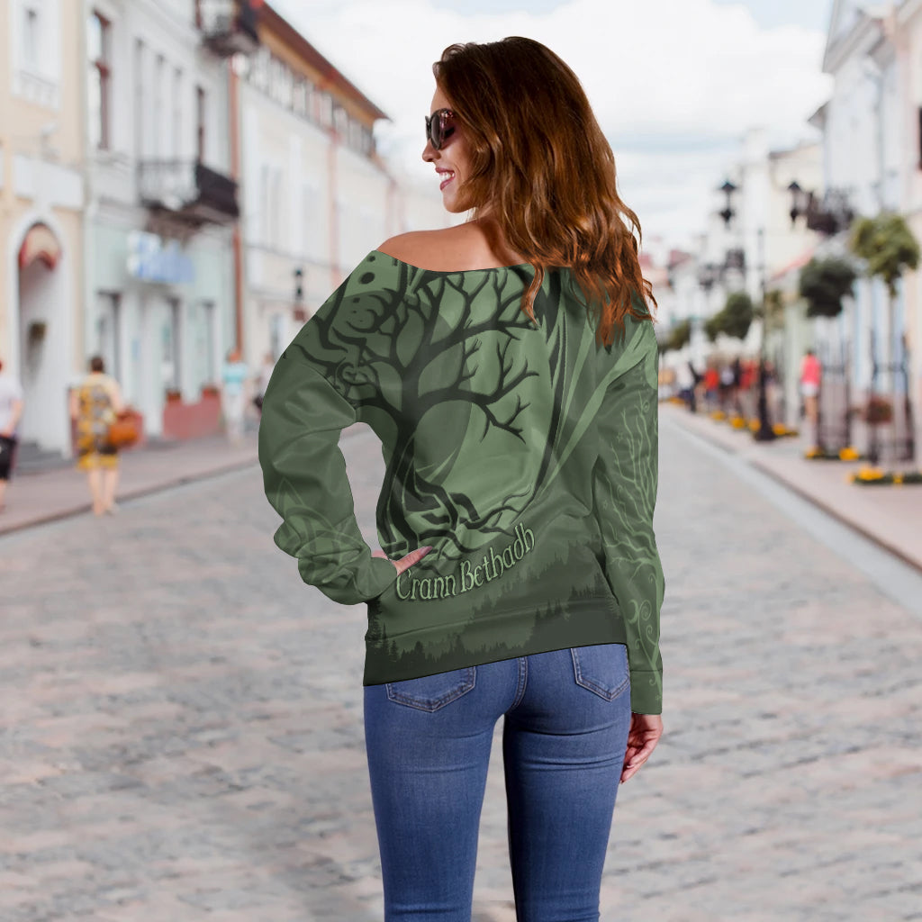 Celtic Tree of Life with Wolf Spirit Off Shoulder Sweater Crescent Crann Bethadh - Wonder Print Shop