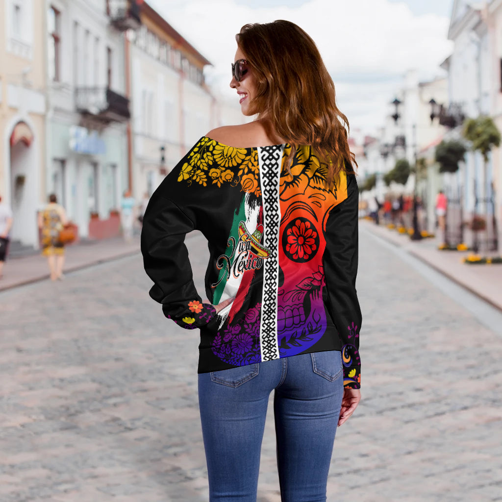 Mexican Dia de Muertos Sugar Skull Off Shoulder Sweater Viva Mexico - Wonder Print Shop