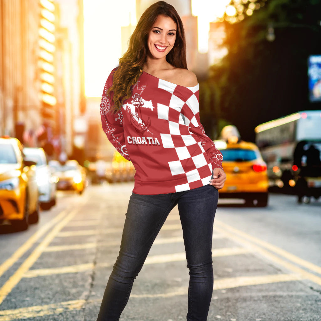 Croatia Checkerboard Off Shoulder Sweater Croatia Flag with Eagle - Wonder Print Shop