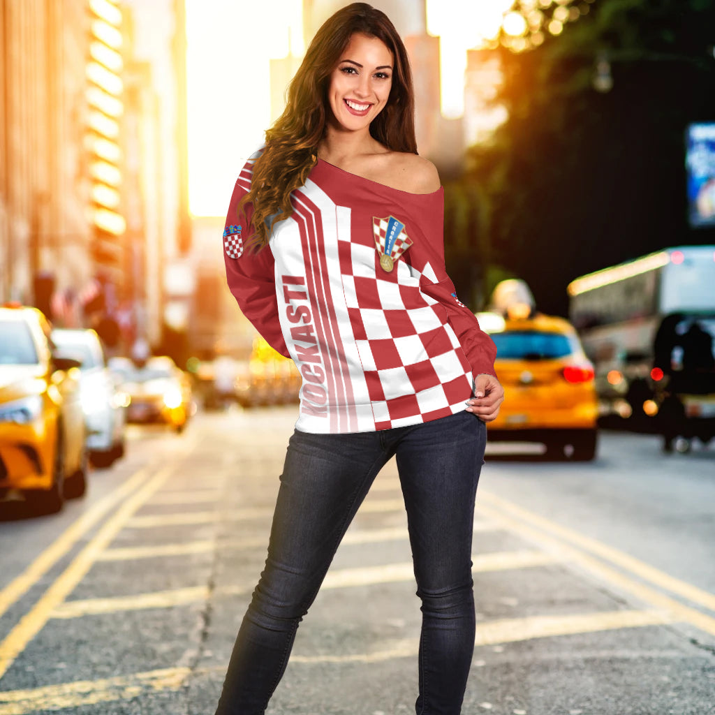 Personalised Croatia World Cup 2022 Off Shoulder Sweater Kockasti - Wonder Print Shop