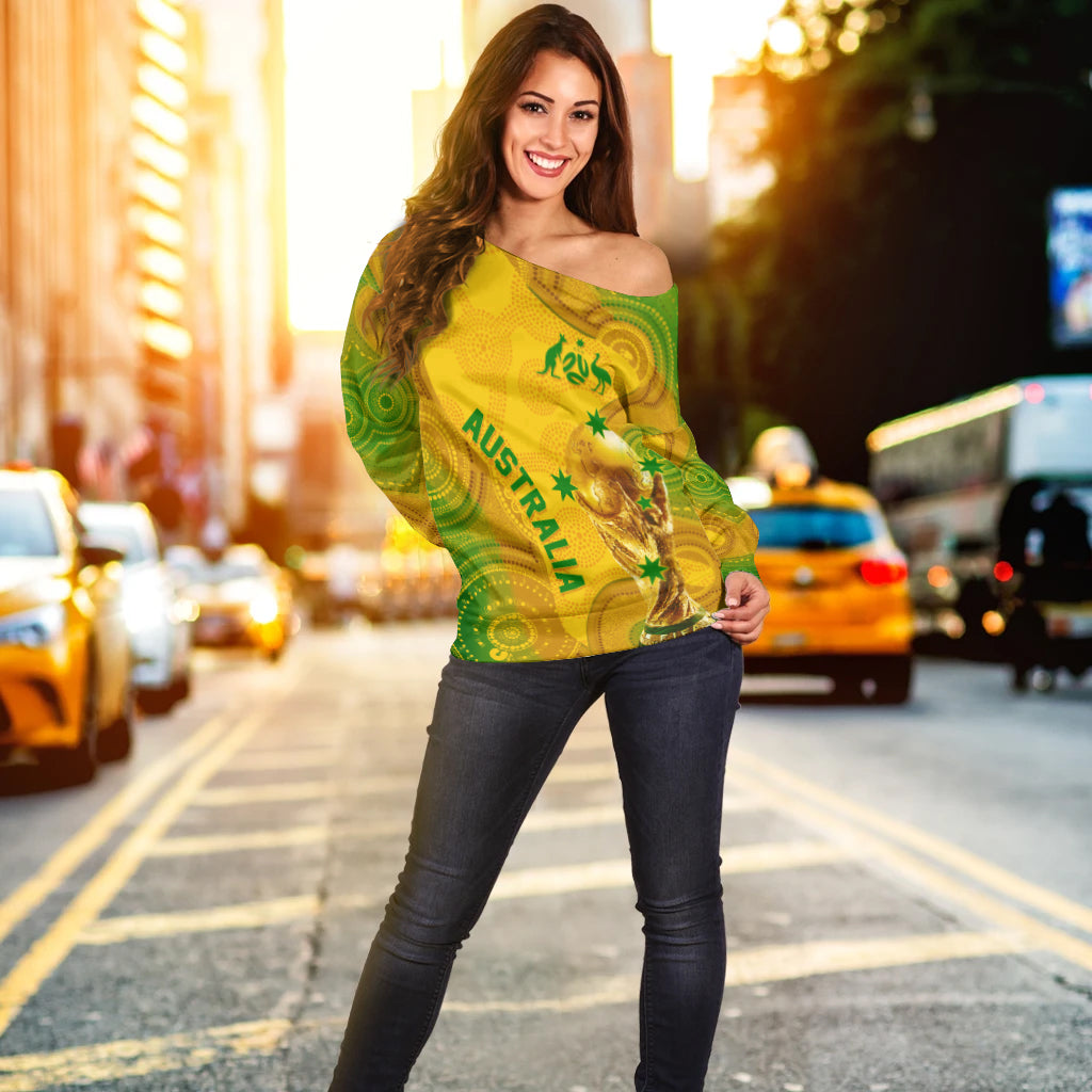 Personalised Australia Soccer WC 2022 Off Shoulder Sweater Aboriginal Socceroos - Wonder Print Shop