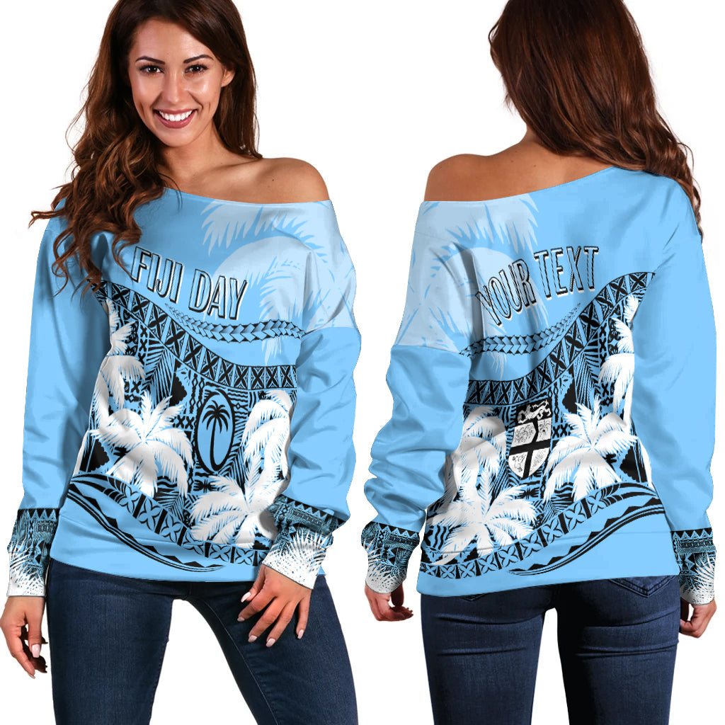 Personalised Fiji Day Off Shoulder Sweater Flying Fijians Masi Kesa Style - Turquoise - Wonder Print Shop