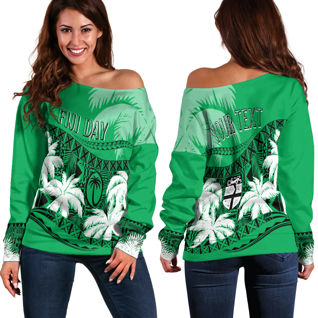 Personalised Fiji Day Off Shoulder Sweater Flying Fijians Masi Kesa Style - Green - Wonder Print Shop