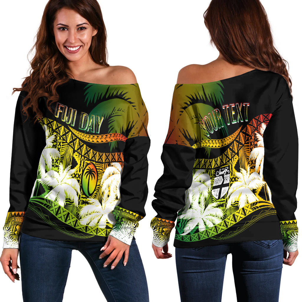 Personalised Fiji Day Off Shoulder Sweater Flying Fijians Masi Kesa Style - Reggae - Wonder Print Shop
