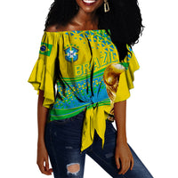 Women’s yellow off-shoulder wrap top with teal Brazil graphic and flared sleeves