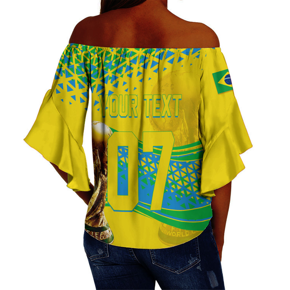 Women’s yellow off-shoulder wrap top, back graphic with 'YOUR TEXT' and 12