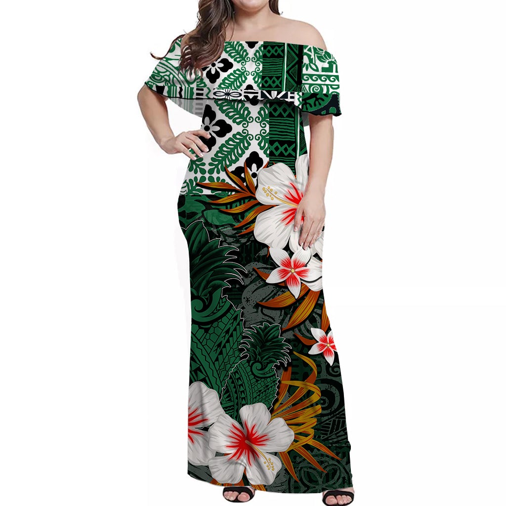 hawaii-pineapple-off-shoulder-long-dress-green-style