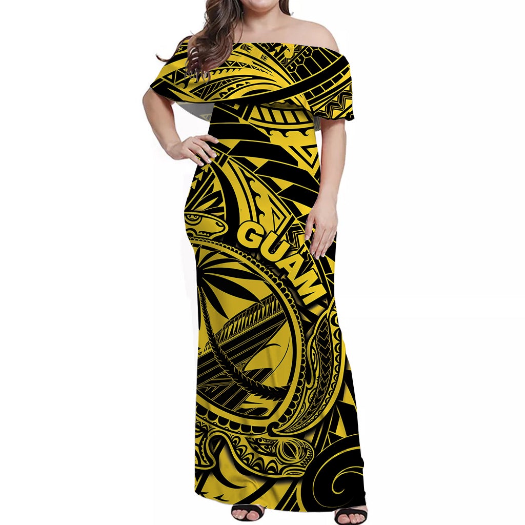 guam-off-shoulder-long-dress-turtle-mix-polynesian-yellow-style