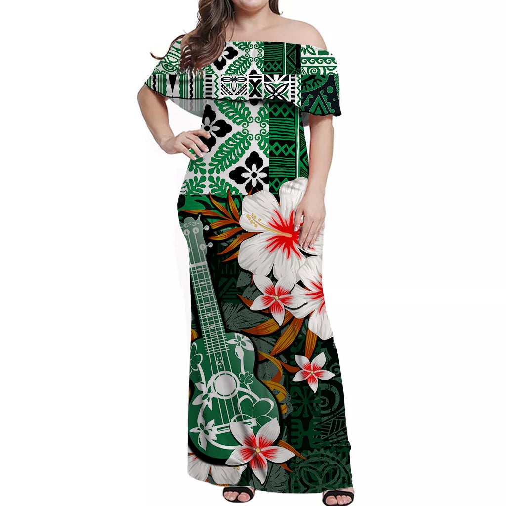 hawaii-ukulele-off-shoulder-long-dress-green-style
