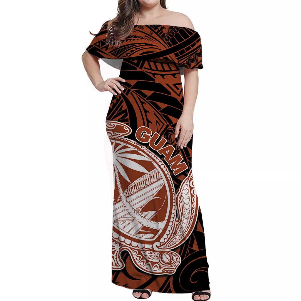 guam-off-shoulder-long-dress-turtle-mix-polynesian-brown-style