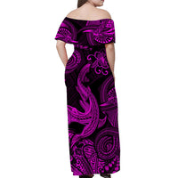 Off-shoulder maxi dress, back view, black with magenta tribal print