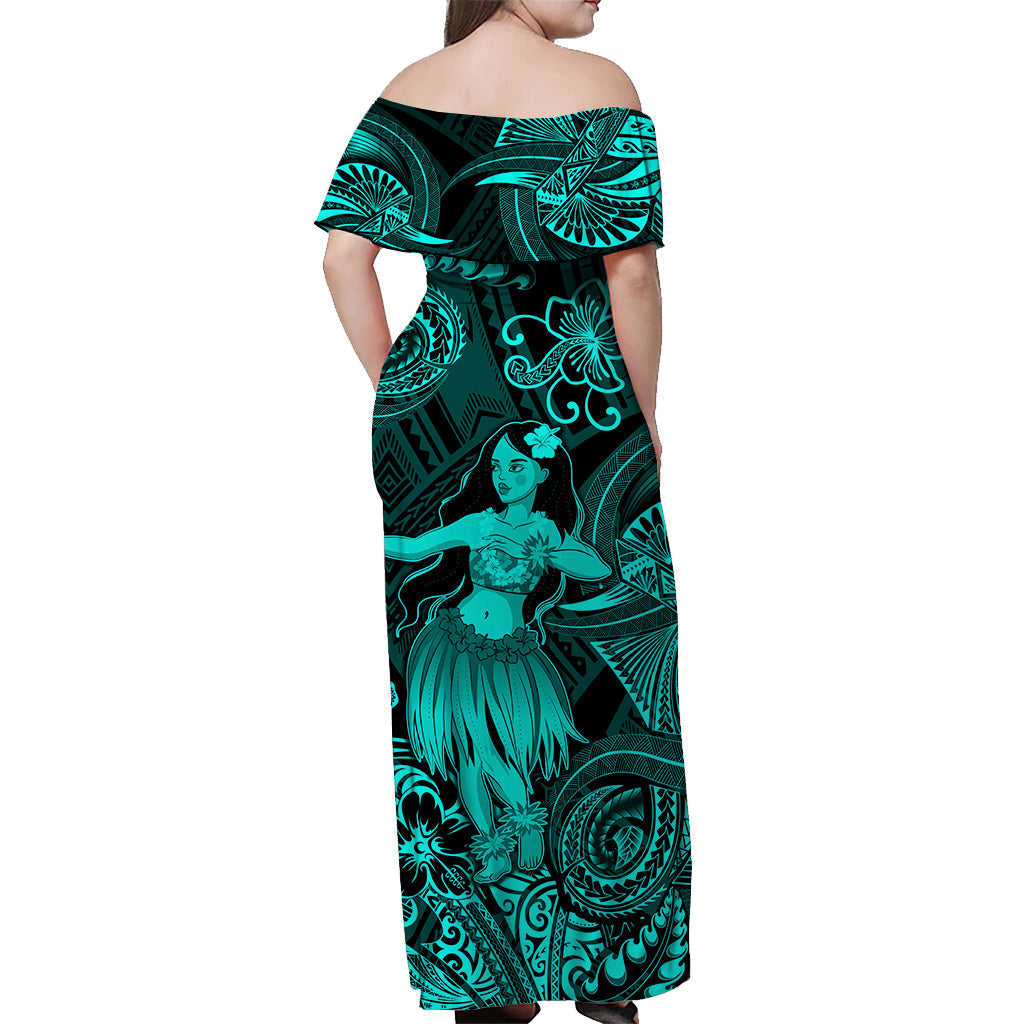 Turquoise off-shoulder maxi dress back view with hula dancer and tiki fan pattern
