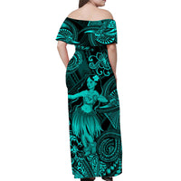 Turquoise off-shoulder maxi dress back view with hula dancer and tiki fan pattern