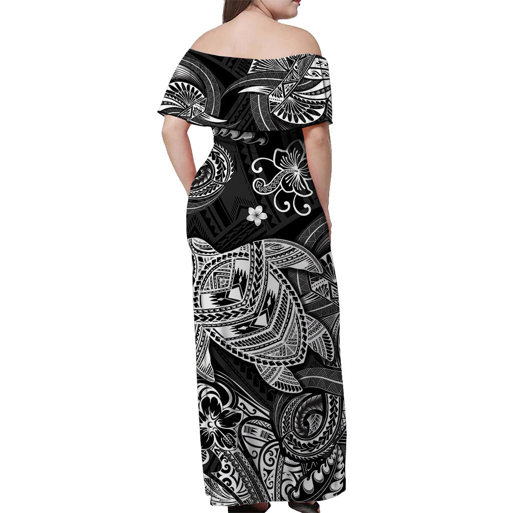hawaii-turtle-polynesian-off-shoulder-long-dress-plumeria-flower-unique-style-black