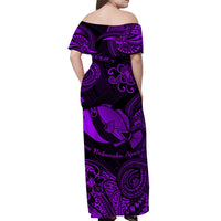 Purple off-shoulder maxi dress, back view with fish and tribal swirl print