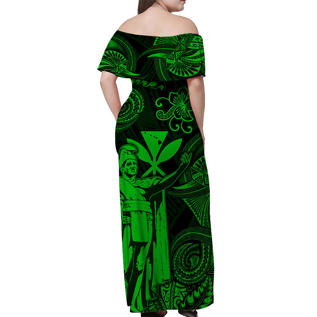 hawaii-king-kamehameha-map-polynesian-off-shoulder-long-dress-kanaka-maoli-unique-style-green