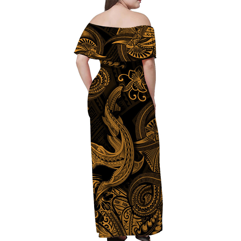Off-shoulder Hawaiian maxi dress, black with gold tribal print (back view)