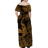 Off-shoulder Hawaiian maxi dress, black with gold tribal print (back view)