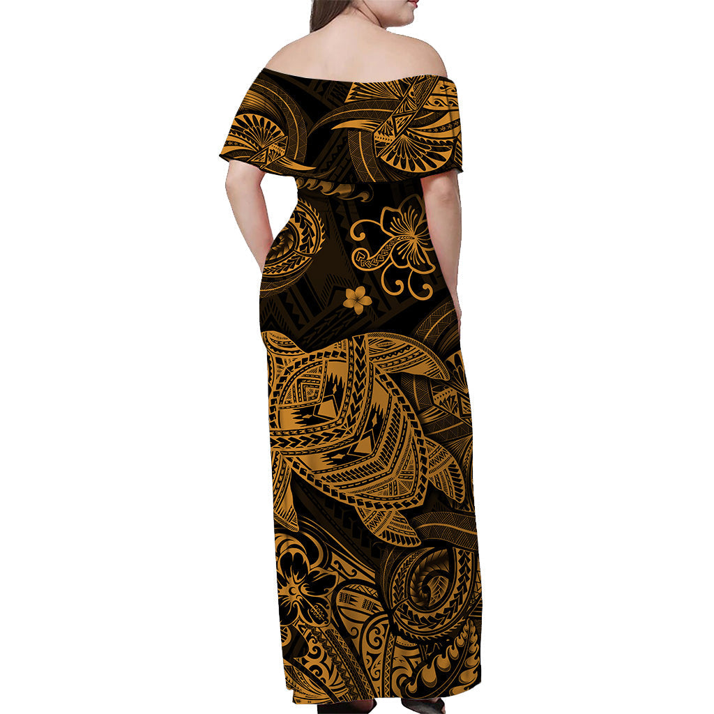 hawaii-turtle-polynesian-off-shoulder-long-dress-plumeria-flower-unique-style-gold