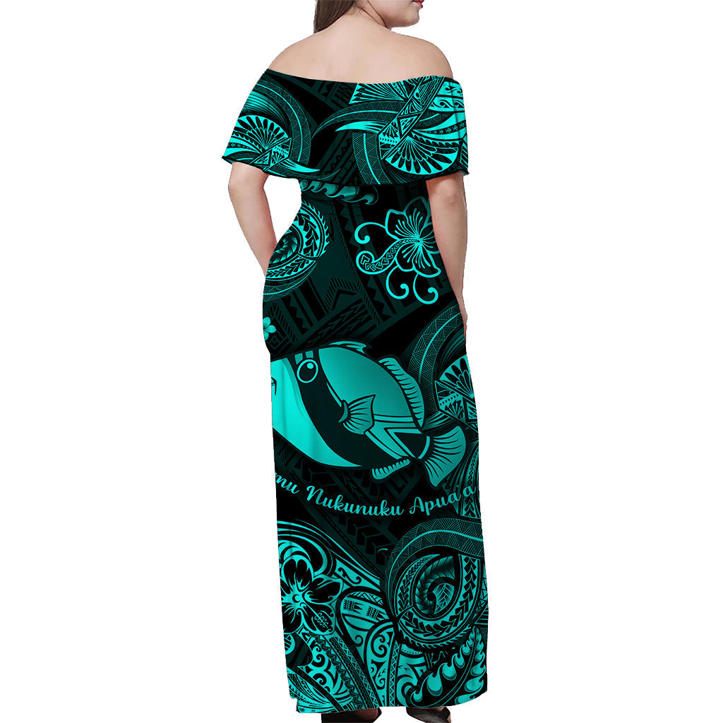 Women’s off-shoulder long dress back view in turquoise with fish and floral print