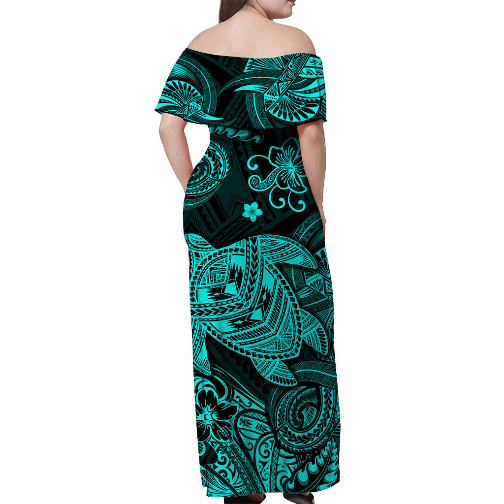 hawaii-turtle-polynesian-off-shoulder-long-dress-plumeria-flower-unique-style-turquoise