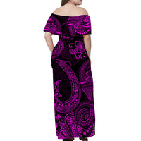 Back view of long off-shoulder maxi dress, black with purple-magenta patterned accents