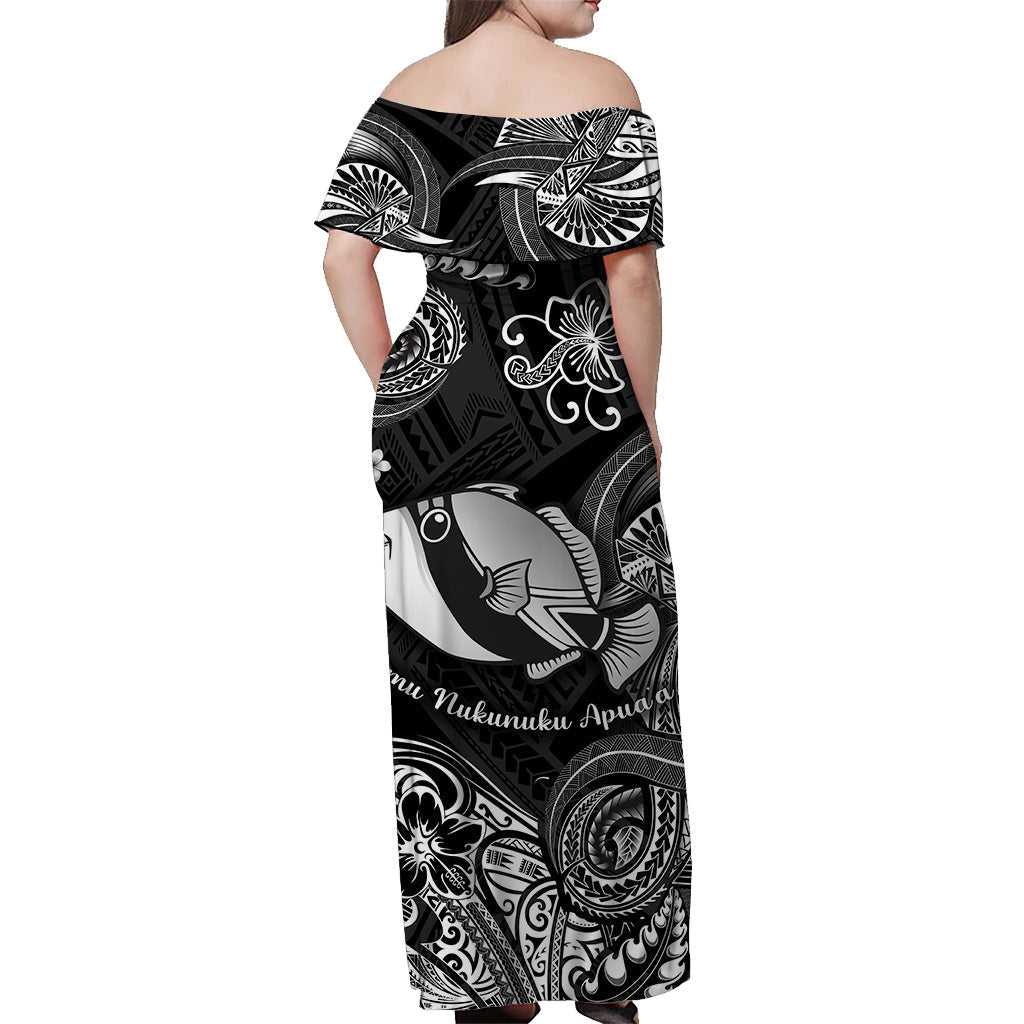 Black off-shoulder maxi dress, white fish and tribal scroll print on back