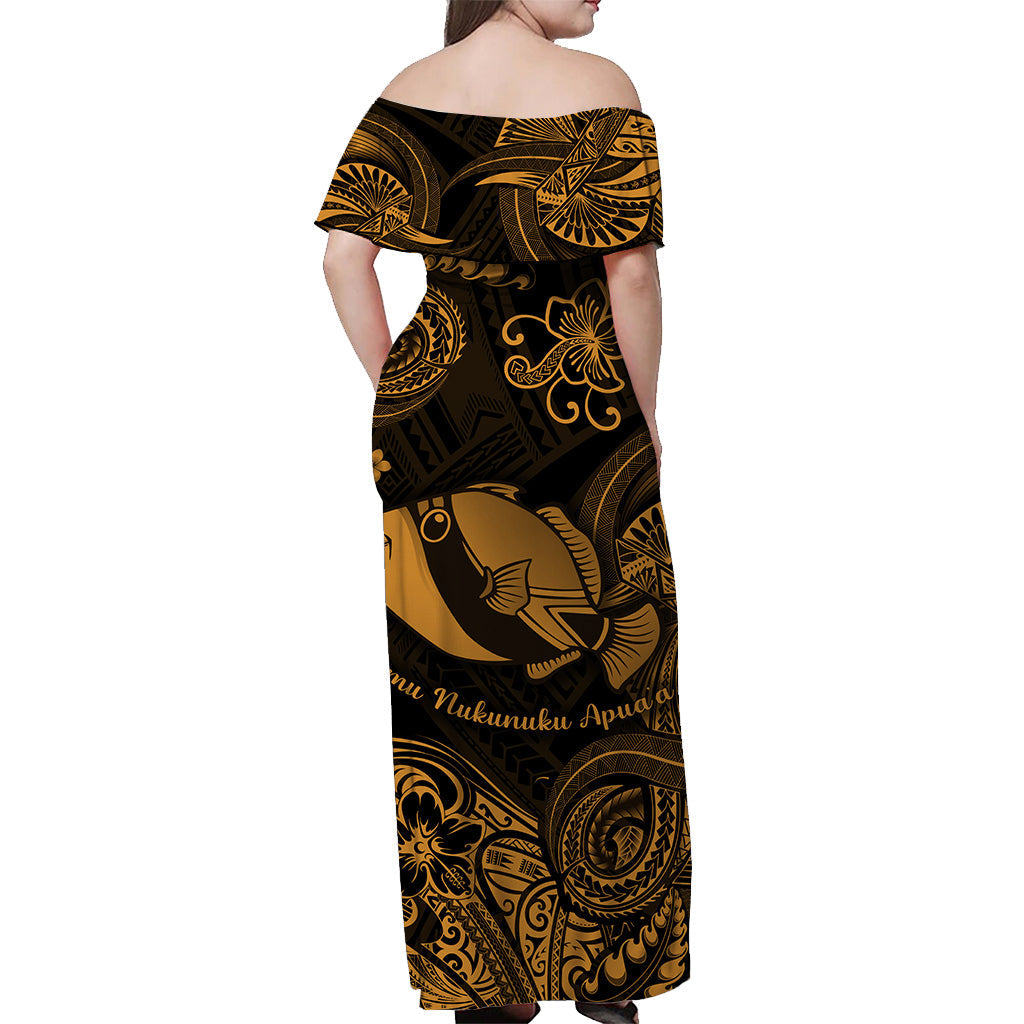 Gold-and-black off-shoulder maxi dress, back view, fish motif with scroll and floral print