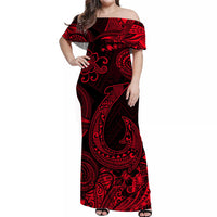 Women’s off-shoulder maxi dress in dark red and black with Polynesian print