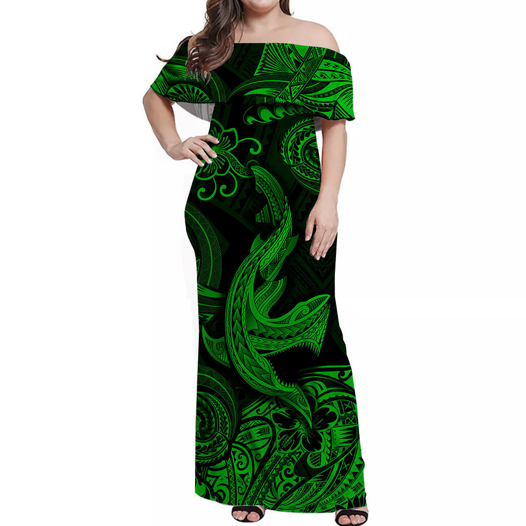 hawaii-angry-shark-polynesian-off-shoulder-long-dress-unique-style-green