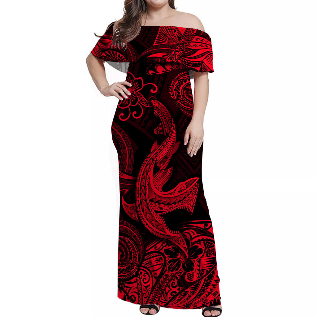 hawaii-angry-shark-polynesian-off-shoulder-long-dress-unique-style-red