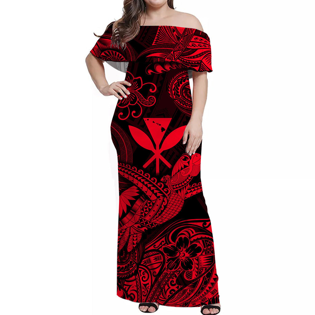 hawaii-turtle-map-polynesian-off-shoulder-long-dress-kanaka-maoli-unique-style-red