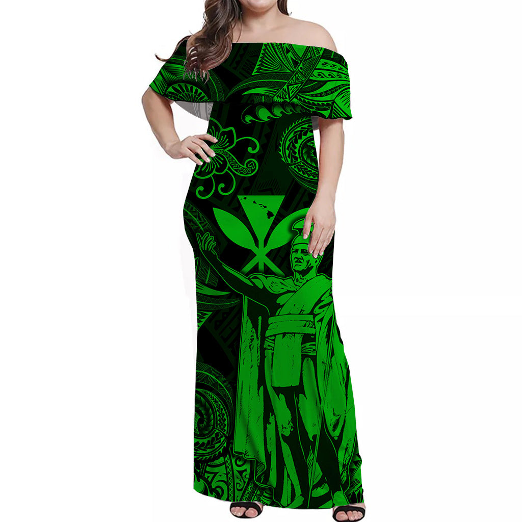 hawaii-king-kamehameha-map-polynesian-off-shoulder-long-dress-kanaka-maoli-unique-style-green