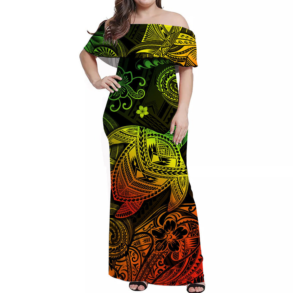 hawaii-turtle-polynesian-off-shoulder-long-dress-plumeria-flower-unique-style-reggae