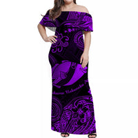 Purple off-shoulder maxi dress with large fish and floral tribal print