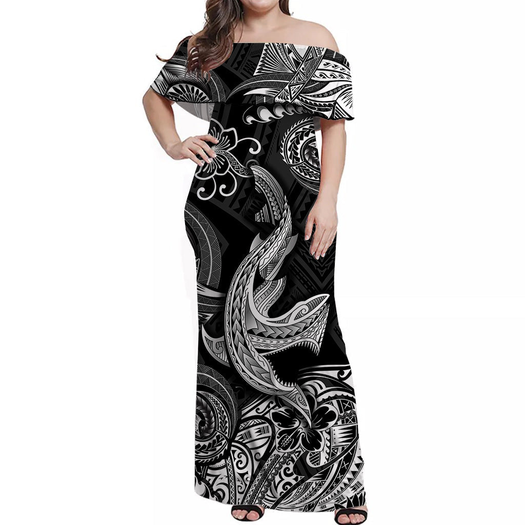 hawaii-angry-shark-polynesian-off-shoulder-long-dress-unique-style-black