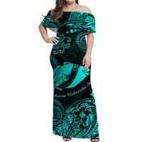 Women’s off-shoulder long dress in turquoise with tribal fish print