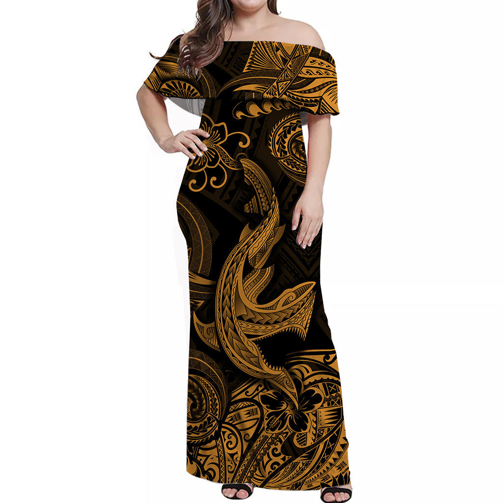 Off-shoulder maxi Hawaiian dress, black with gold tribal and shark pattern
