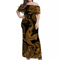 Off-shoulder maxi Hawaiian dress, black with gold tribal and shark pattern
