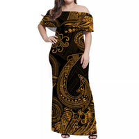 Black off-shoulder long dress with gold paisley and fishhook-style motif pattern