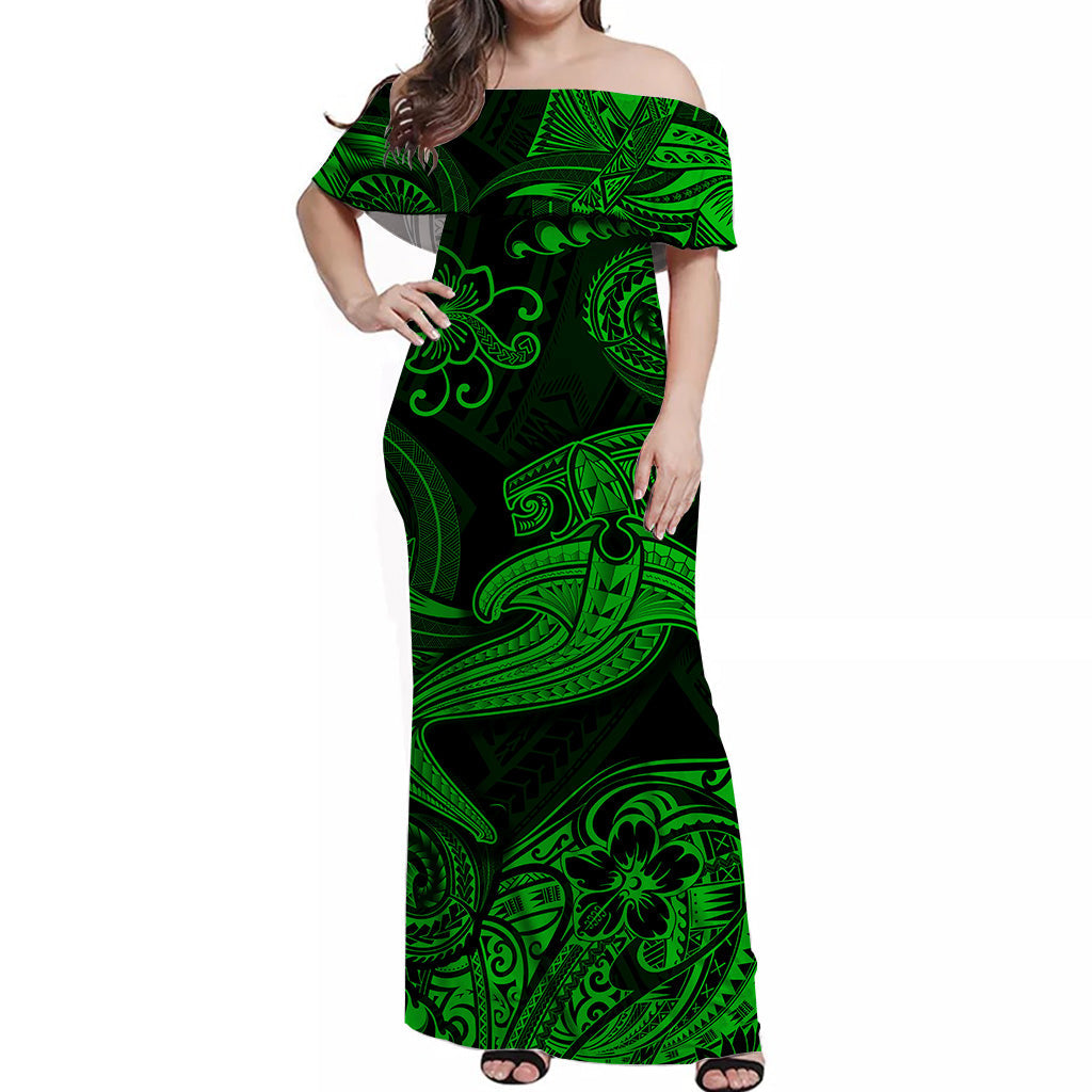 hawaii-hammer-shark-polynesian-off-shoulder-long-dress-unique-style-green