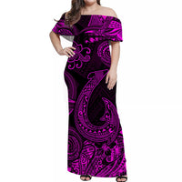 Long off-shoulder maxi dress, black with bold purple-magenta ornamental motifs