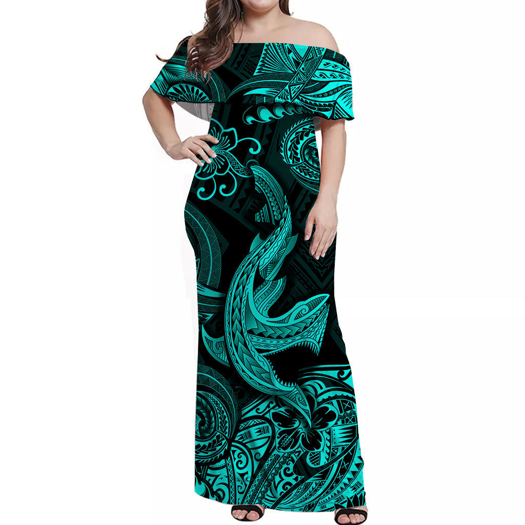 hawaii-angry-shark-polynesian-off-shoulder-long-dress-unique-style-turquoise