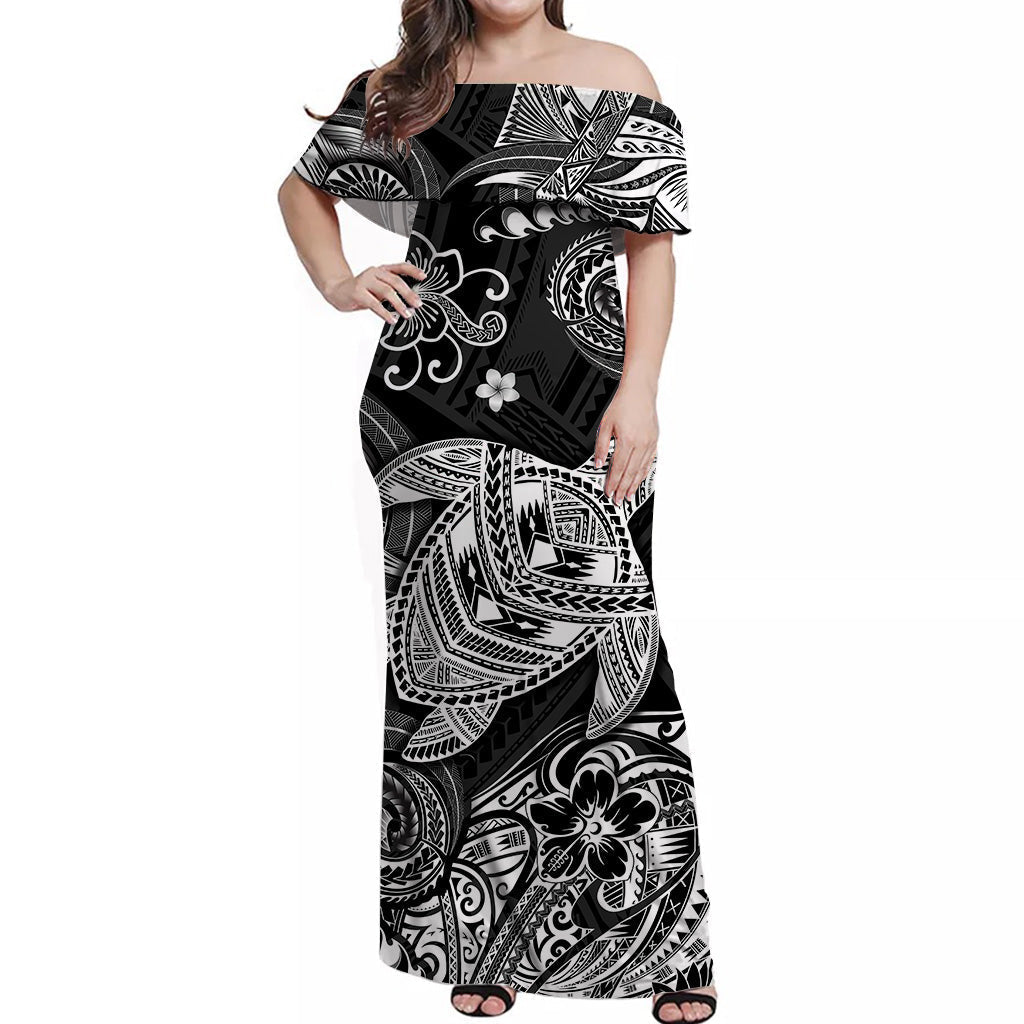 hawaii-turtle-polynesian-off-shoulder-long-dress-plumeria-flower-unique-style-black