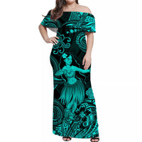 Turquoise off-shoulder maxi dress with hula dancer motif and floral tiki print on dark